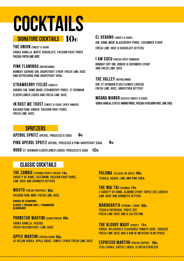 The union bar drinks menu