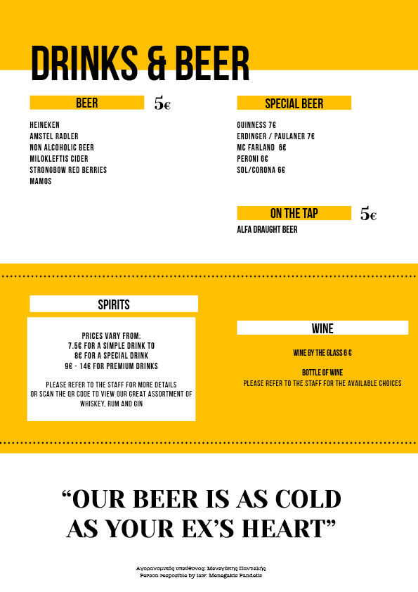 The union bar drinks menu
