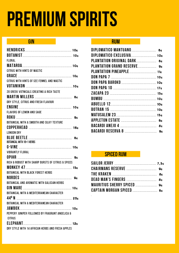 The union bar drinks menu